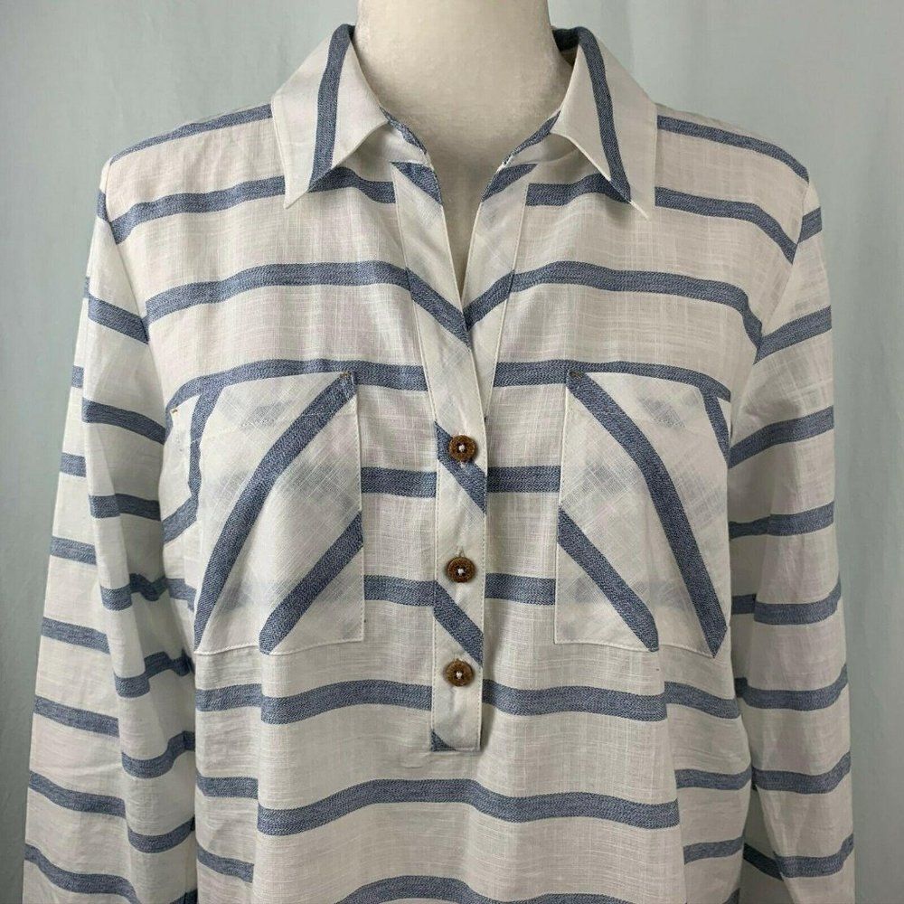 Soft Surroundings Modena Tunic Top M White Blue Striped Button Front Pockets
